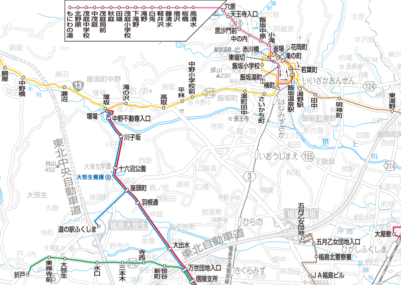 福島交通　路線図：飯坂温泉